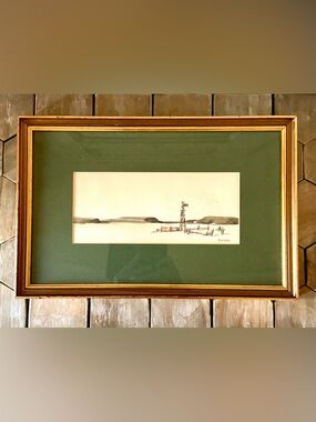 Lewis Ewen New Mexico Windmill, Farm Original Watercolor Landscape, 15.5”x10”